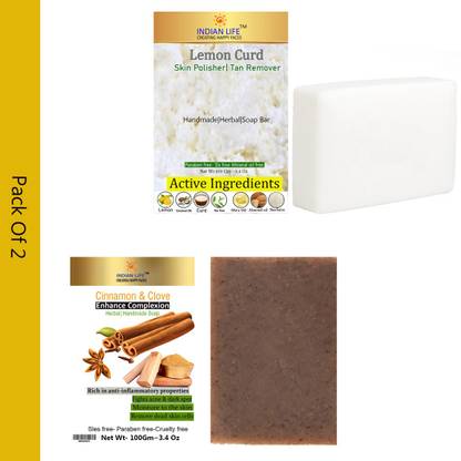 indianlife Cinnamon And Lemon Curd handmade soap for Helps to improve skin quality| Exfoliate Your Skin | Removes dark spots and suntan | Tightens pores | Excellent Beauty 100 Gm (100 Gm Each)