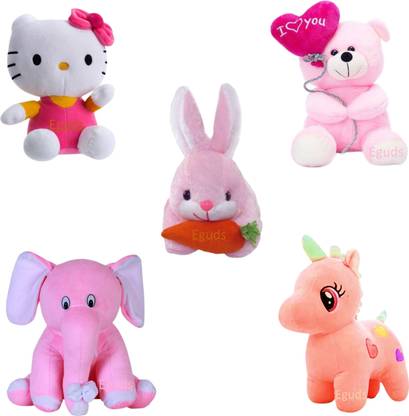 Eguds Adorable and lovable set of 5 super soft stuffed toys in beautiful shades of pink / rabbit, unicorn, hello kitty, teddy bear, elephant/ special gift for kids, birthdays and anniversaries/ home decoration  - 25 cm