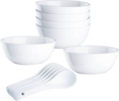 LAOPALA Opalware Soup Bowl Cosmo White Glass Soup Serving Bowl set with Spoon Microwave Dishwasher Safe - 330 ml Opalware Soup Bowl