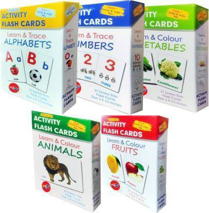 Smilemakers Learn and Color Activity Flash Cards | Non-tearable | wipe-clean | bets, Numbers, Fruits, Vegetables, Animals) Flash Activity cards - Pack of 5