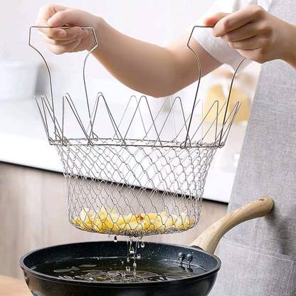 BBD Kitchen Shop Foldable Steam Rinse Deep Fry Chef Basket Magic Basket Mesh Basket Strainer Net Kitchen Cooking Tool Stainless Steel Colander Collapsible Deep Frying Basket
