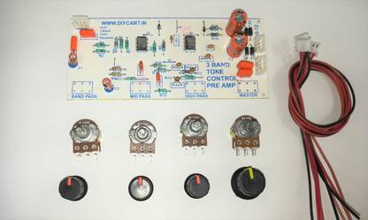 Salcon Electronics 4 Tone Dual NE5532ic Bass, Treble, Mid Pre amp board with potentiometer knob and connector Sound Recorder and Sound Circuit Electronic Hobby Kit