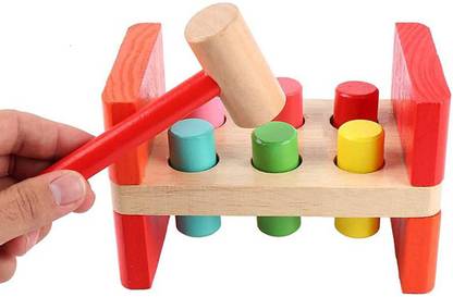 TOTAM Wooden Hammer and 6 Peg Toy Pounding Bench hammering Block Punch Drop Instruments with Mallet for Early Educational of Toddlers Kids