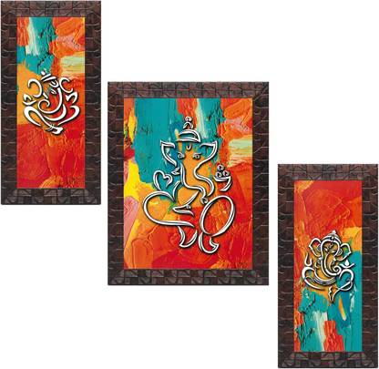 Indianara Indianara Set of 3 Lord Ganesha Framed Art Painting (3713GBNN) without glass (6 X 13, 10.2 X 13, 6 X 13 INCH) Digital Reprint 13 inch x 10.2 inch Painting