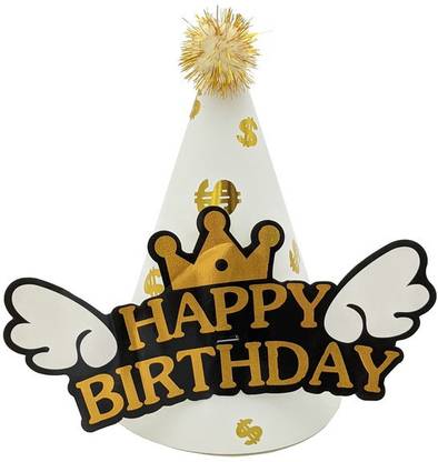 Hippity Hop 3D Birthday Hats White with Happy Birthday Print Cone Hats Art Craft Caps Party Hat for Kids Adults decoration party supplies  Party Glow Ornament