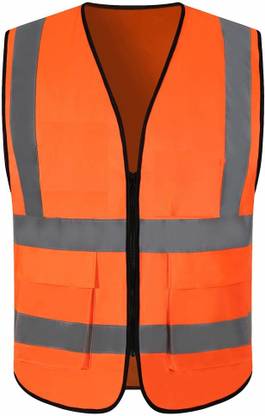 WeighTAJ High Visibility Reflective Safety Zipper Polyester Fabric Jacket with 2 Pockets Safety Jacket
