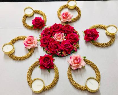GENRAL Beautiful Flower Diya Rangoli Mat For Diwali Decoration Home D�cor Items Festive Season Set Of 7pcs With 6 Candles Plastic, Paper, Copper 6 - Cup Tealight Holder Set