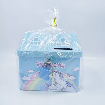 ScentCosmetics House Shape Unicorn Printed Metal Coin Bank Piggy Bank for Kids with Lock and Key Coin Bank (Random Color) Coin Bank
