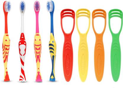 Maxi Oral Care Junior Hygiene Combo Pack of 8-(4 Kids) Goldie Junior Toothbrush & (4 TC) 1 Number Tongue Cleaner