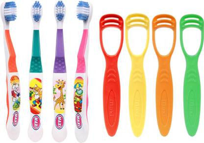 Maxi Oral Care Junior Hygiene Combo Pack of 8-(4 Kids) Dolls Junior Toothbrush & (4 TC) 1 Number Tongue Cleaner