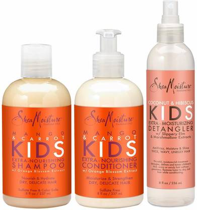 Shea Moisture Kids Hair Care Combination Pack – Includes Mango & Carrot 8oz Kids Extra-Nourishing Shampoo, 8oz Kids Extra-Nourishing Conditioner, and 8oz Coconut & Hibiscus Kids Detangler