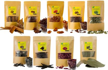 Royal Stage 9 Assorted Whole Spices - Cardamom, Nutmeg Mace, Star Anise, Cinnamon, Clove, Stone Flower, Bay Leaves, Marathi Moggu, Dried Rose