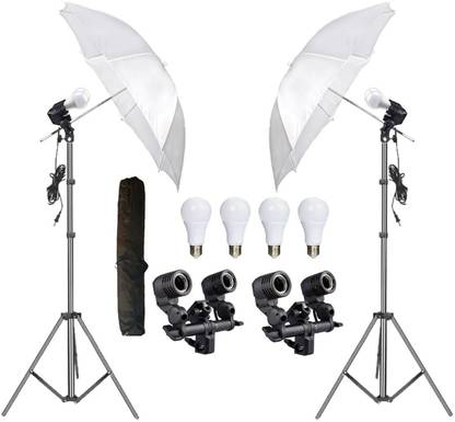 Hiffin E27 Double Studio Holder KIT Umbrella White 80 cm + Studio Light Stand + Umbrella and Double Bulb Holder KIT (E-27) led 18 W Bulb (Double Holder KIT Set of 2) Tripod Kit