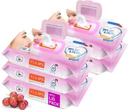 Tulips Baby Wet wipes with LID (72 Wipes X 5 Packs) for Gentle Cleaning/ Moisturising, Rash Free, 99% Purified Water with Grapefruit Extracts