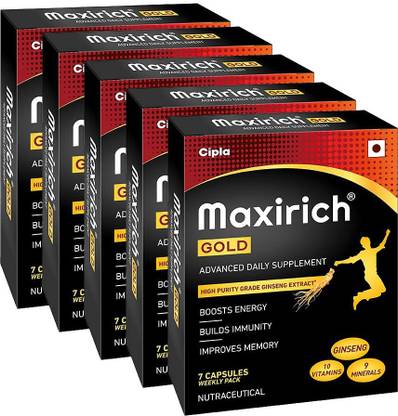 Cipla Maxirich Gold Advanced Daily Supplement | Energy Boosting Multivitamins with Ginseng extract* | Boosts Immunity and Improves cognitive functions| Pack of 5 (7 capsules/ Pack)