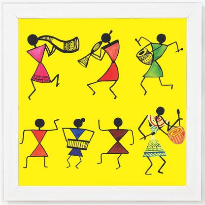 Hand Draw Warli Art Collection - Painting White Framed Wall Hanging Art Print for Office , Home, Reading Room Décor ( 8x8 ) Inch Paper Print