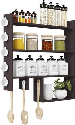 Furnifry Wooden Wall Mounted Shelves for Kitchen/Kitchen Storage Shelf with Hooks/Wall Shelf/Kitchen Shelf for Home/Kitchen Wall Shelf/Kitchen Wall Rack/Shelf Organizer Rack for Kitchen MDF (Medium Density Fiber) Wall Shelf