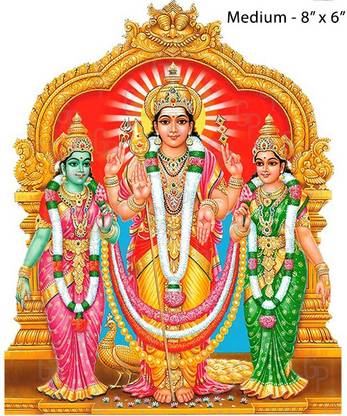 Giriram Photos Sri Prasanna Subramanya Swamy / Murugan With Valli And Devasena - Medium Size (8" x 6" Inches) - Photo Wooden Cutout Religious Frame