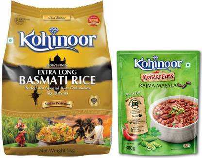 KOHINOOR Extra Long Gold Basmati Rice 1kg with Xpress Eats Ready-to-Eat Rajma Masala Microwave Pack 300 g Combo