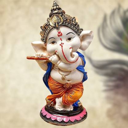 Ishu handi artistic Lord Baby Ganesha Playing Flute Wearing Orange Dhoti Blue Robe Hindu God Shri Ganesh Statue Lord Ganesha Idol Bhagwan Ganpati Decorative Showpiece Resin Finish Decorative Showpiece  -  13 cm