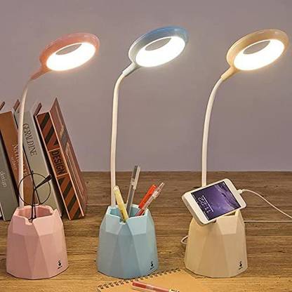 MF STORE Chargeable Desk Lamp with Organizer, Phone Holder, Night Light, Pin Stand Table Lamp for Dorm Room Study Desk (Pen + Mobile + Drawer + Rounded) Table Lamp