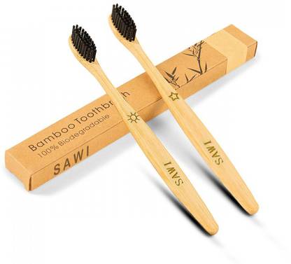 SAWI Bamboo Toothbrush with Charcoal Activated | Pack of 2 | Size - 7.5 Inches | Soft Bristles | Black | 100% Anti-Bacterial and Biodegradable Ultra Soft Toothbrush