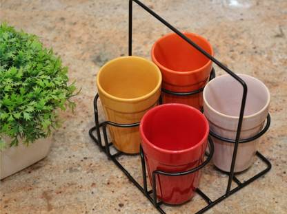 POLARIS FOX Cup Kitchen Rack Steel Multicolor Premium Cup/Kullad for Tea/Coffee with Metal Stand | Set of 4 | 90ML Each