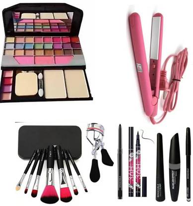 Dikyube TYA 6155 makeup kit, 7 black brush set, curler, smudge kajal, 36H waterproof kajal, 3in1 , professional hold styling mini hair straightener