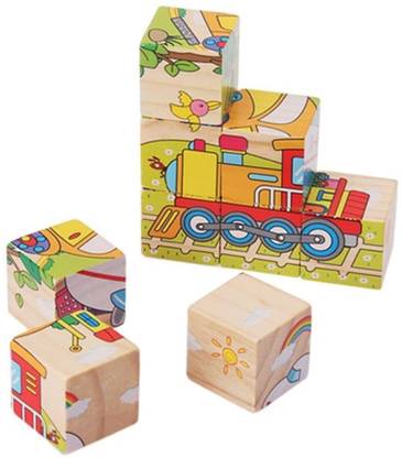 QBIC 3D Face 6 in 1 Wooden Cube Blocks Jigsaw Puzzle Kid Children Baby Educational Toy Cartoon Puzzle (Vehicles) / Wooden Puzzle