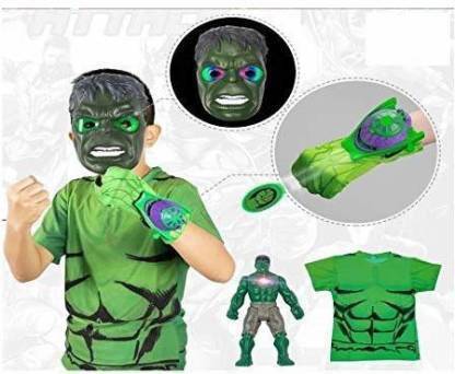 TINY TREASURES Marvel Avengers Hulk Halloween Costume and Gloves with Disc Launcher for Real Action, Kids Age (5- 10 Years) (Green)