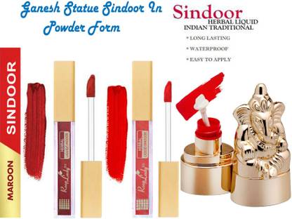 Synecus Waterproof Long Lasting Kum Kum Herbal Liquid Sindoor Red & Maroon and Powder Form Ganesh Statue Red Sindoor Sindoor