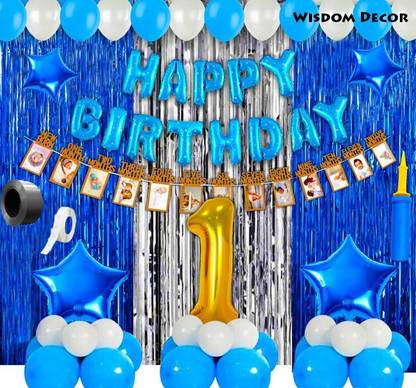 Wisdom Decor 1st/First Birthday Decoration Items Combo Set For Boys-(63Pcs) Blue & Silver Decoration – 1st/First Birthday Party Decorations, Decorations kit for first birthday/Baby Birthday Decoration 1 Year Boy