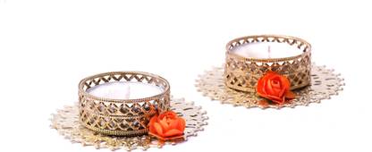 bhumiyaan Flower Design Metallic Diya Tea Light Candle Holder for Diwali Diya/diyas/Pooja for Diya/Deepak/Candle Diya / Candles (Set of 02) Silver Plated, Silver 2 - Cup Tealight Holder