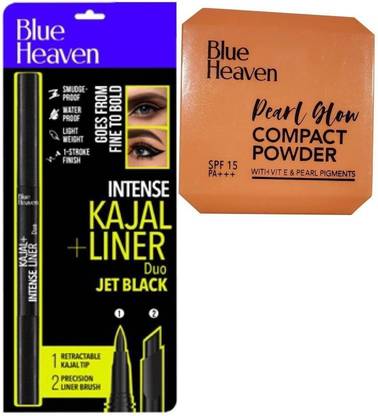 BLUE HEAVEN INTENSE KAJAL +LINER DUO Jet Black Up to 24hrs Stay AND Pearl Glow COMPACT POWDER SPF 15