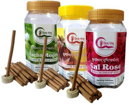 SHIVGANGA Dhoop Sticks (Combo of 3), Keshar Chandan, Gul Rose, & Mogra (150 Gm Sticks Per Each) in Jar Box. Best dhoop Sticks use for Home, Office, & Shop Worship (Pooja) Fragrance and Mediation use. Sandal, Rose, Jasmine Dhoop