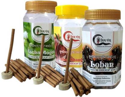 SHIVGANGA Dhoop Sticks (Combo of 3), Keshar Chandan, Loban, & Mogra (150 Gm Sticks Per Each) in Jar Box. Best dhoop Sticks use for Home, Office, & Shop Worship (Pooja) Fragrance and Mediation use. Sandal, Jasmine, Guggul Dhoop