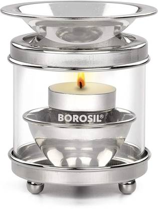 BOROSIL Diffuser Akhand Diya Medium Brass Table Diya (Height: 4.5 inch) Nickel Table Diya