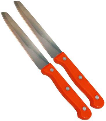 Tistook 2 Pc Plastic Knife Set Kitchen Premium Stainless Steel Plain Edge Knife with Orange Grip For Home and Professional Use (Set of 2)