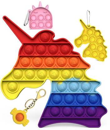 Galactic New 4 in 1 Pop It Fidget Unicorn Toys and kichan New Square Rainbow bow Push Pop Bubble Fidget Sensory Toy,Autism Silicone Great Fidget Toy Sensory Toys Novelty Gifts for Adults(Multi Color) Unicorn Rainbow) (Unicorn pop it kit)