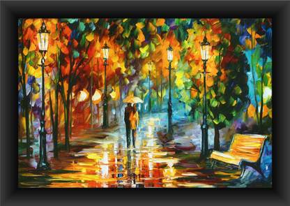 Poylaamo Scenery Romantic Couple in the Rain Wall Painting with Frame Digital Reprint 14 inch x 20 inch Painting