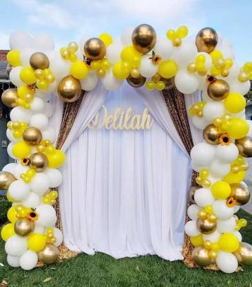 Bash N Splash Solid White & Yellow Balloon Garland Party Decoration With Golden Chrome balloon with pump Glue Dot & Arc Strip (Pack of 168) Balloon