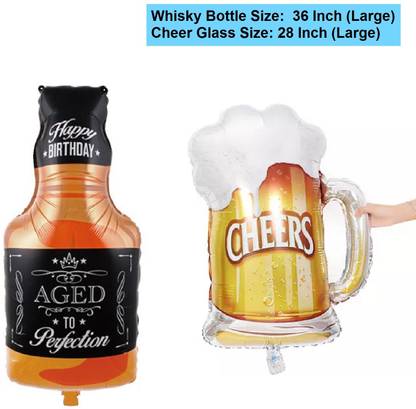 अगक प्रिंटेड Whiskey Wine / Royal stag whisky wine Bottle Foil Balloons (1 pcs 36 Inch) + Cheer Beer Mug Glass Foil Shape Balloon (1 pcs 28 Inch) for Birthday Decoration, Anniversary, New Year Party, Christmas Party, Welcome Theme Party Decoration गुब्बारा