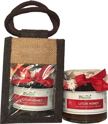 Farm Naturelle (Set of 5) Aesthetically Designed Jute Gift Bag with Pure Raw Natural Unheated Unprocessed Litchi Flower Honey-250 GMS-Corporate Christmas Gift Pack