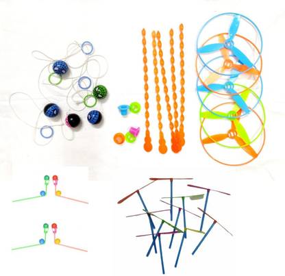 D'Mega Mart Total 20 PCS Dragon Flying Wheel Propeller Toy Set 5 No's + Vintage Style Flying Fan Propeller Toy Set 5 No's + Floating Ball Catcher Toy 5 No's + Hand String Returning Balls 5 NOS