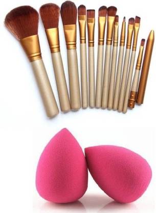 J & F 12 Pc Makeup Brush set + 2 Sponge Puff