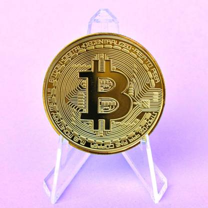 Craftbia Bitcoin Coin Made of Real Metal Gold Plated Coin with Plastic Display Stand Decorative Showpiece  -  0.3 cm