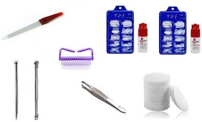 J & F Artificial empress Curve 200 Nails With 2 Glue Bottle , Round Cotton Pads 50 Pc , Plucker , filer , Nail Cleaning Brush , Blackhead Remover Pin ( 1pin ,1Circle )