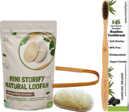 Mini Storify Adults Bamboo Toothbrush, Tongue Cleaner and Oval Loofah Body Scrubber Combo Pack - Activated Charcoal , Mouth Care, Oral Cleaning Soft Bristles, Bathing