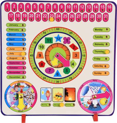 DgCrayons Wooden 7 in 1 Pinewood Calendar Learning Toy with Date, Days, Months, Seasons and Clock Preschool Puzzle | Learning Board for Baby | Learning Board for Kids with pins for 3 Year Old's and Up Kids-Multicolor