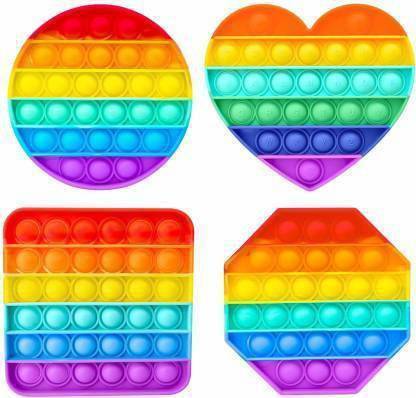 DIKUJI ENTERPRISE Combo PCS 4 Rainbow Push Pop Fidget Toy, Silicone Pop Bubble Sensory Silicone Toy , Autism Special Needs Stress Reliever , Playing Board Emotion Anxiety Relief Tool for Teens Adults - fidget toy combo - (round , Square , Octagon , Heart, Piece of 4) (Multicolor) (Multicolor)